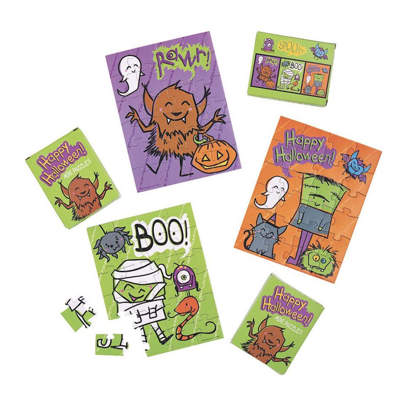 Halloween mini puzzles with werewolf, mummy, and Frankenstein designs