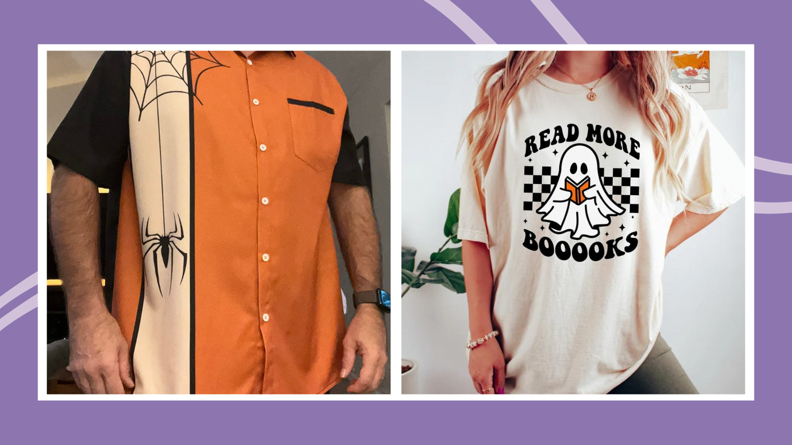 Examples of some of the best Halloween shirts including a man in a an orange and black button down shirt with spiders and a woman in a t-shirt with a ghost that says I love booooks.