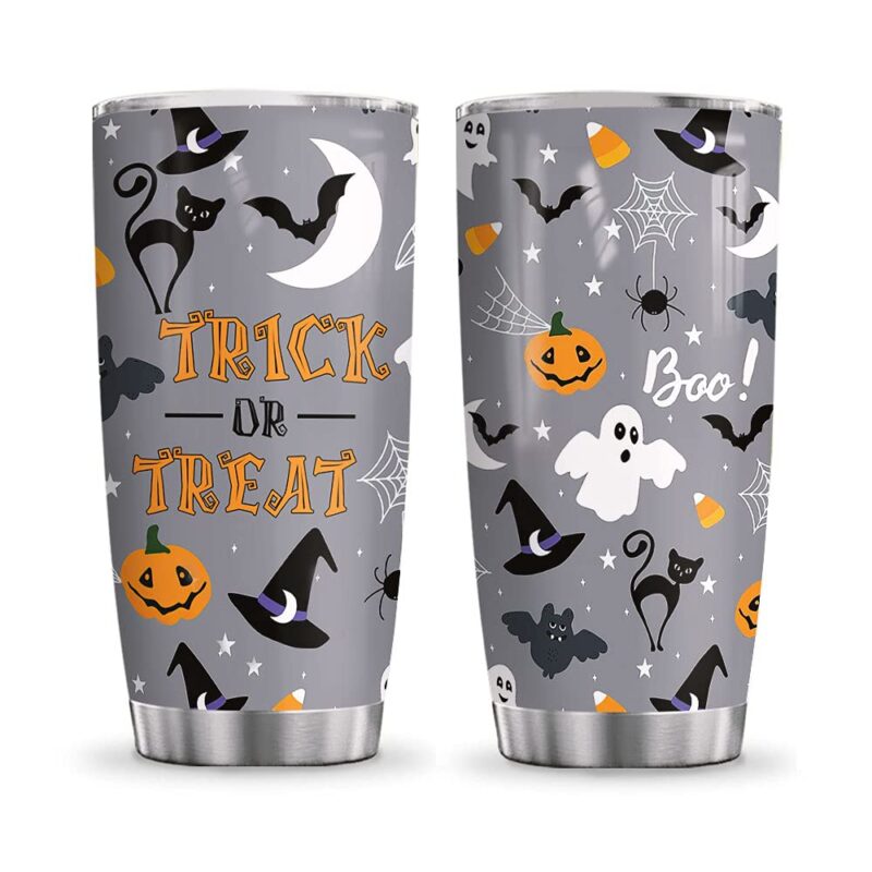 halloween themed tumbler with ghosts hats and pumpkins for a halloween teacher gift