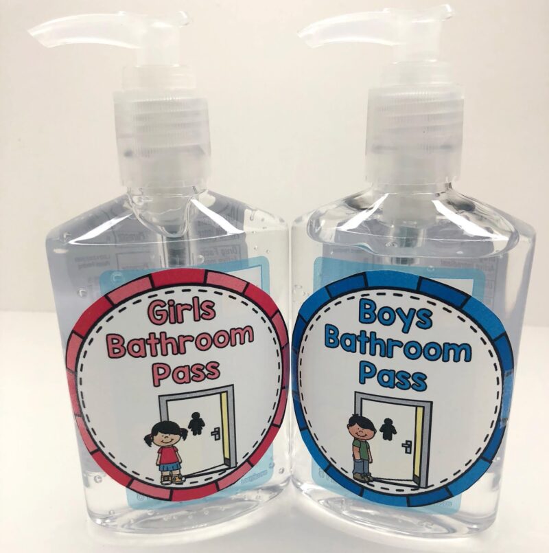 hand sanitizer bottles with a sign for girls and boys bathroom pass on them