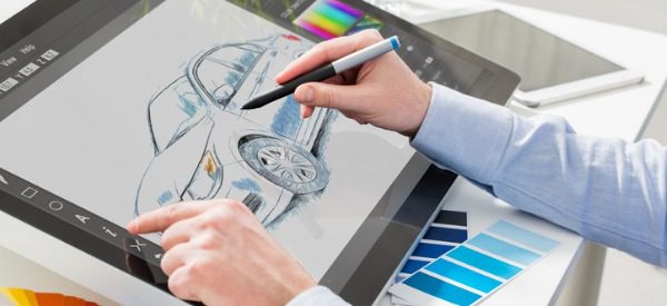 A hand is shown sketching a car on a tablet (art careers)