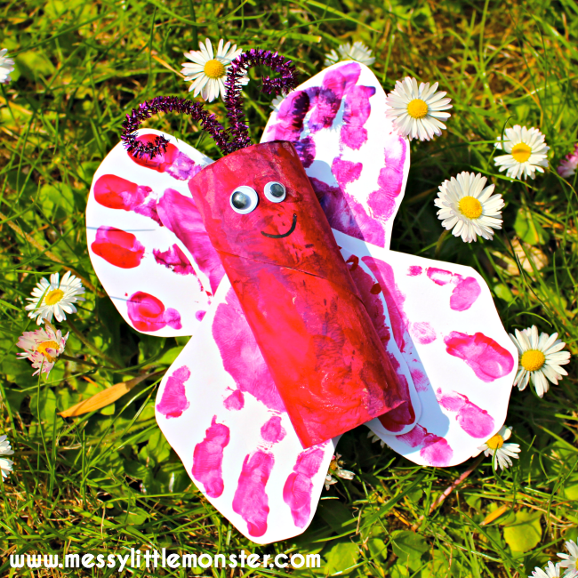 A sweet butterfly craft with a body made from a toilet paper roll and wings made from handprints