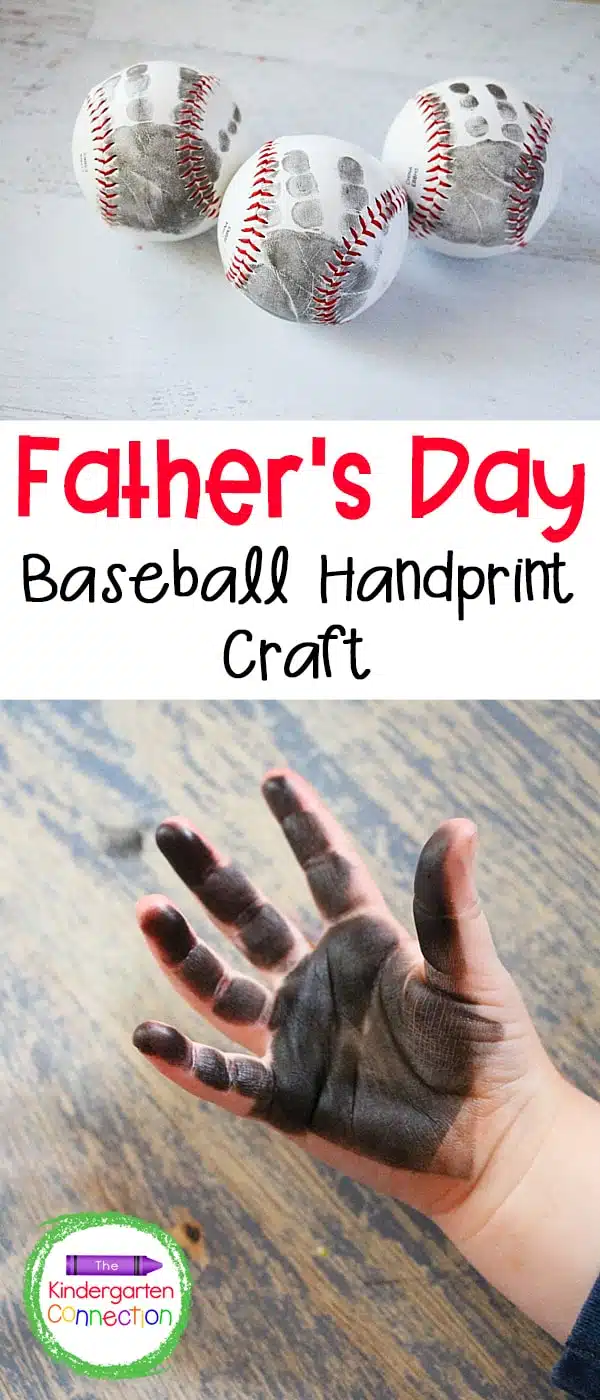 A child's hand with paint on it is shown on the bottom and three baseballs are shown with handprints on them.