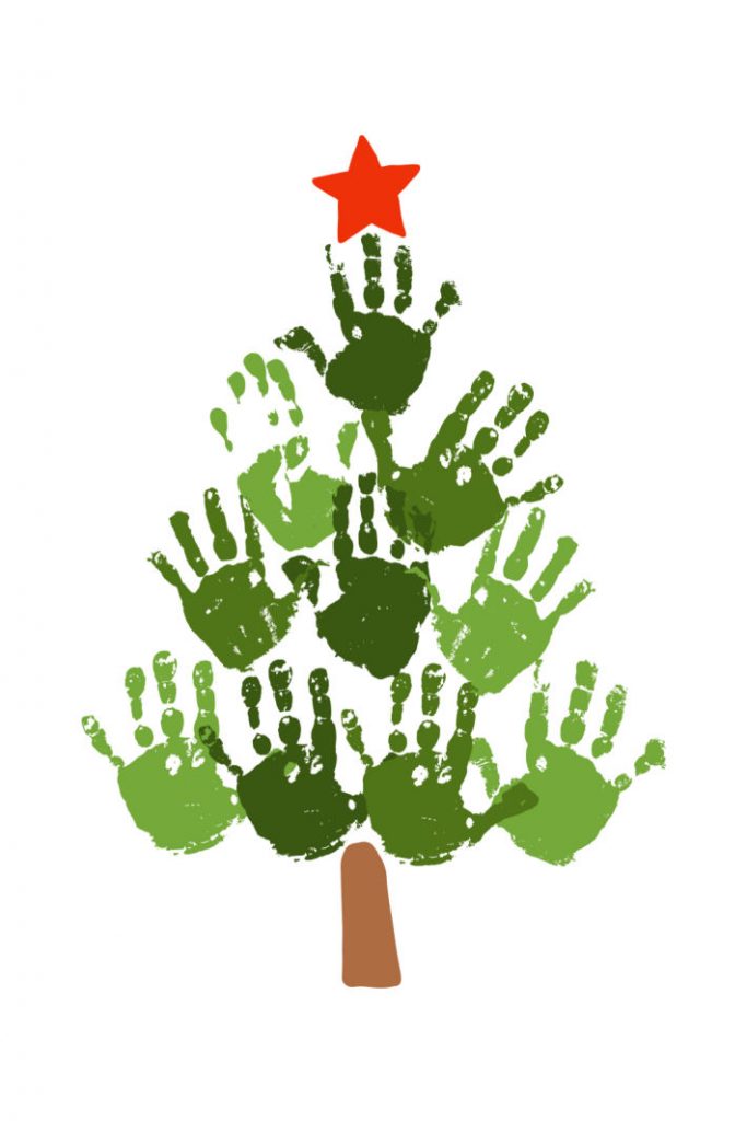 Several rows of different shade green handprints are assembled to look like a Christmas tree. There is a red star on the top and a brown stem on the bottom in this example of easy crafts for kids.