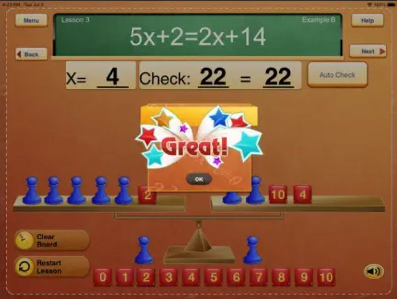 Screen shot from Hands On Equations iPad game for kids