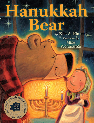 Hanukkah Bear book cover- bear licking the cheek of an elderly lady next to the menorah- Hanukkah books