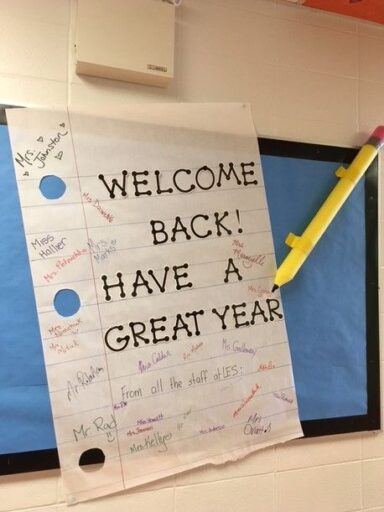 welcome back! have a great year notebook paper and pencil bulletin board idea for back to school