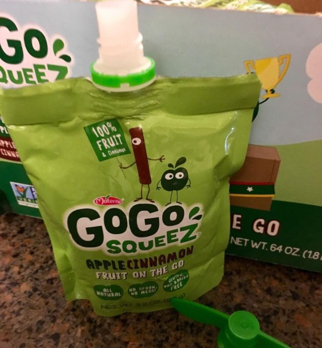 Open container of GoGo SqueeZ applesauce (Healthy Snacks for Kids)