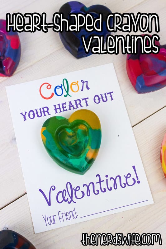 A heart shaped crayon valentine that says, "Color your heart out valentine!"