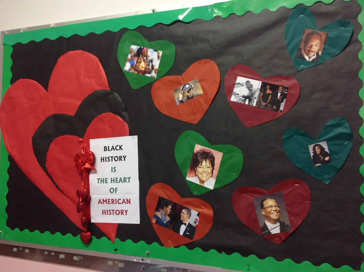 A black background has multiple hearts on it and many of the hearts have pictures of famous Black people on them. 