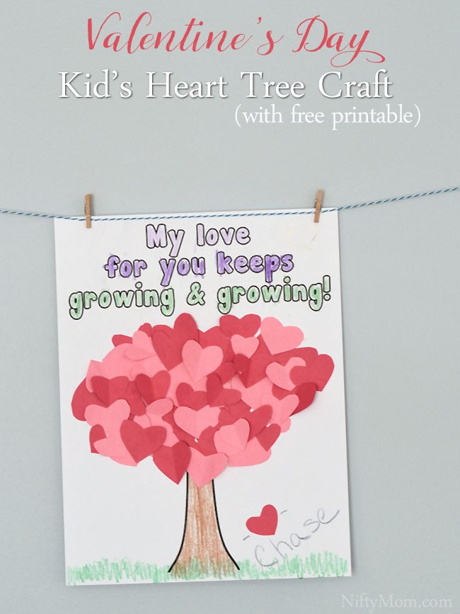 A picture says My love for you keeps growing and growing. A tree is shown with cut out hearts in the place of leaves (Valentine's Day Crafts for Preschoolers)