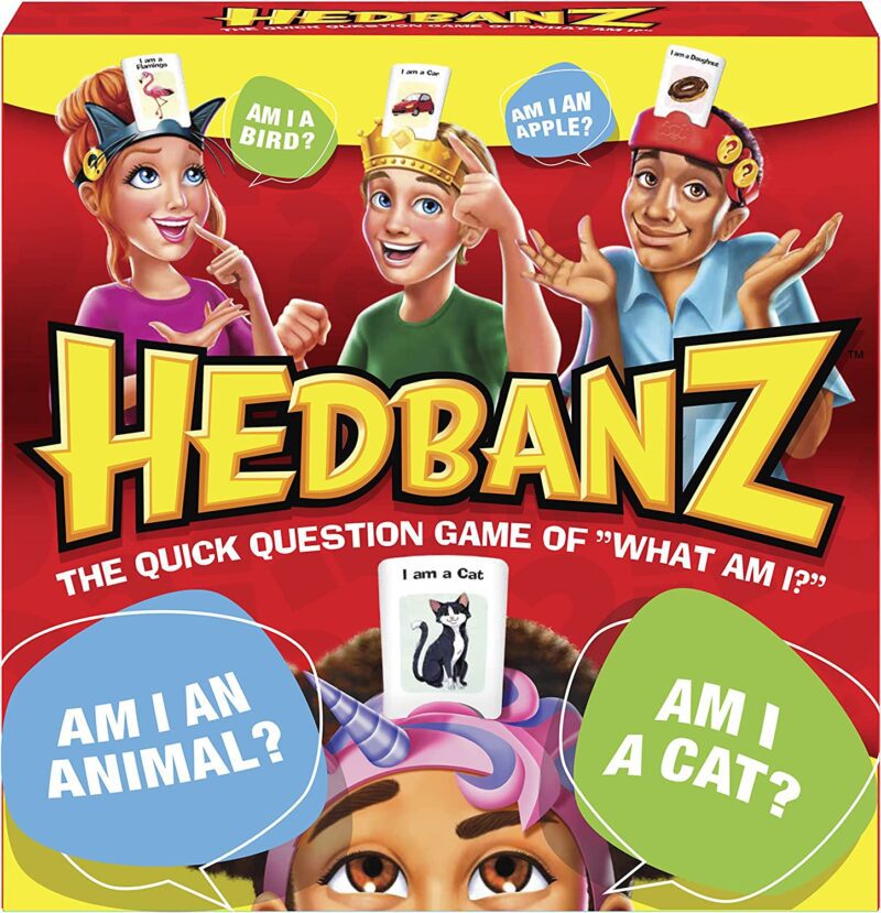 Several cartoon kids are shown with headbands on their heads with pictures on them. The box reads Hedbanz.