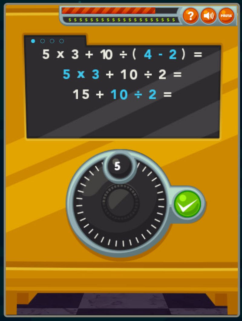 Screenshot from online math game called High Stakes Heist, showing a safe with a combination lock students can open by solving a math problem using order of operations