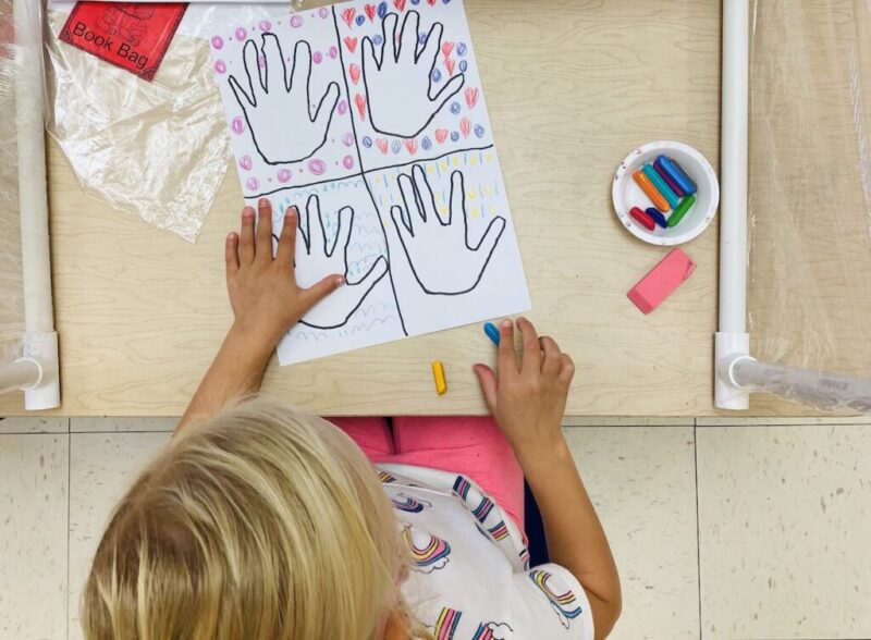 A child sits at a desk and draws on a sheet of paper with the outline of four hands as an example of social emotional activities