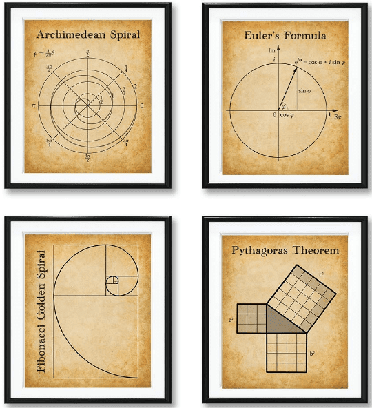 Four posters printed on faux parchment style paper that contain images of an Archimedean Spiral, Euler's Formula, a Fibonacci Golden Spiral, and the Pythagorean Theorem, , as an example of high school classroom decorations
