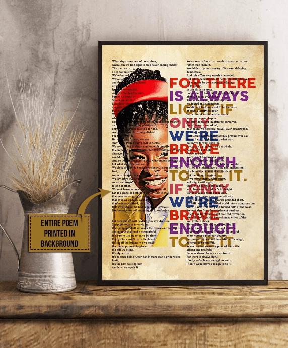 A framed poster sits on a desk with an image of Amanda Gorman in her Inauguration Day outfit and the words of her poem "The Hill We Climb," , as an example of high school classroom decorations
