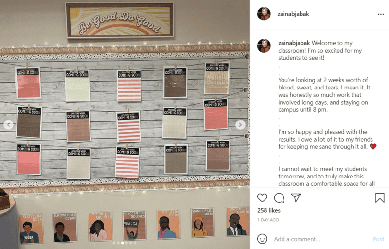 A bulletin board in a classroom is decorated in light pastel and natural tones. There are places for student pictures to be affixed with each spot labelled "Amazing Work." Above the bulletin board is the phrase "Be Good Do Good" while drawn images of heroic social justice figures are posted below the board.