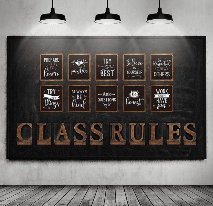 Several wall hangings on a dark blue wall with sayings that are meant to guide students on their educational journey along with letters on the wall that spell out "CLASS RULES."