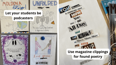 Examples of high school English activities, including hand-drawn podcast posters and poetry made from magazine clippings