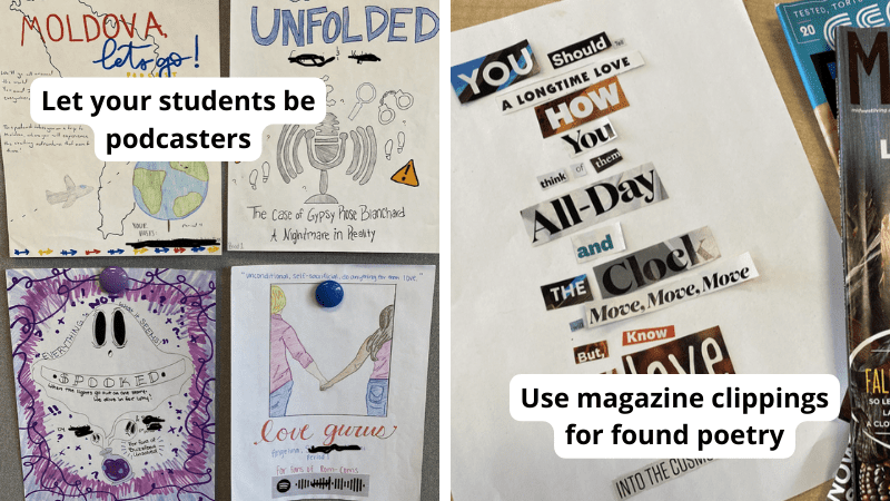 Examples of high school English activities, including hand-drawn podcast posters and poetry made from magazine clippings
