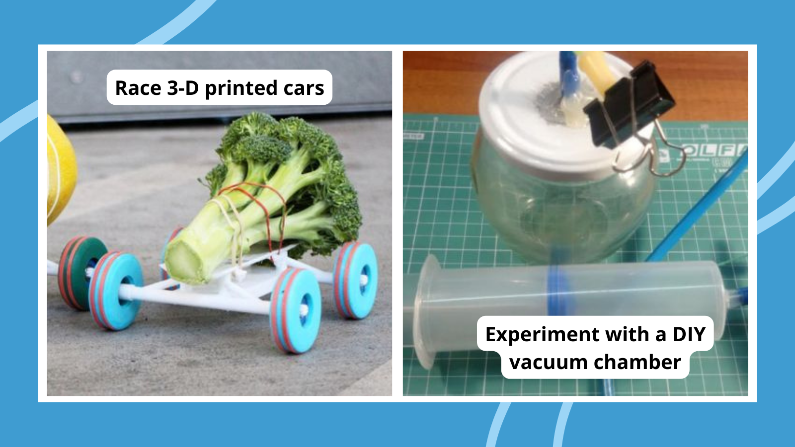 Collage of high school science fair projects, including 3D printed cars and a DIY vacuum chamber