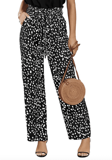 High waist black and white print pants with tie and paper bag waist