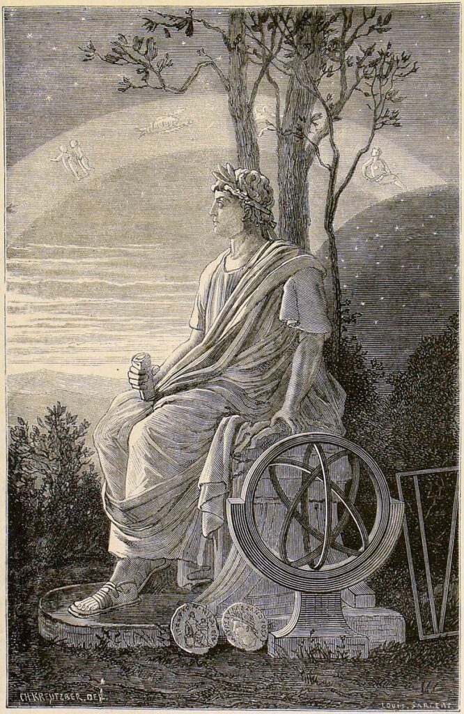 hipparchus, famous mathematician, sitting by a tree holding a wheel