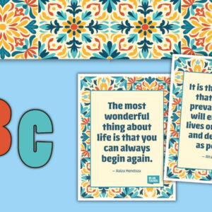 Hispanic Heritage Month bulletin board kit with patterned border, colorful letter cutouts, and bilingual quote posters