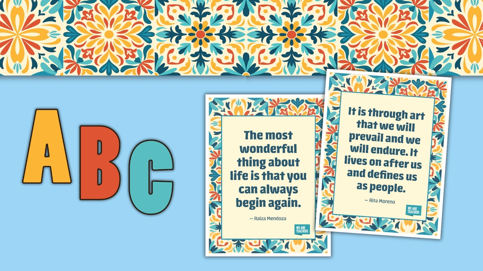 Hispanic Heritage Month bulletin board kit with patterned border, colorful letter cutouts, and bilingual quote posters