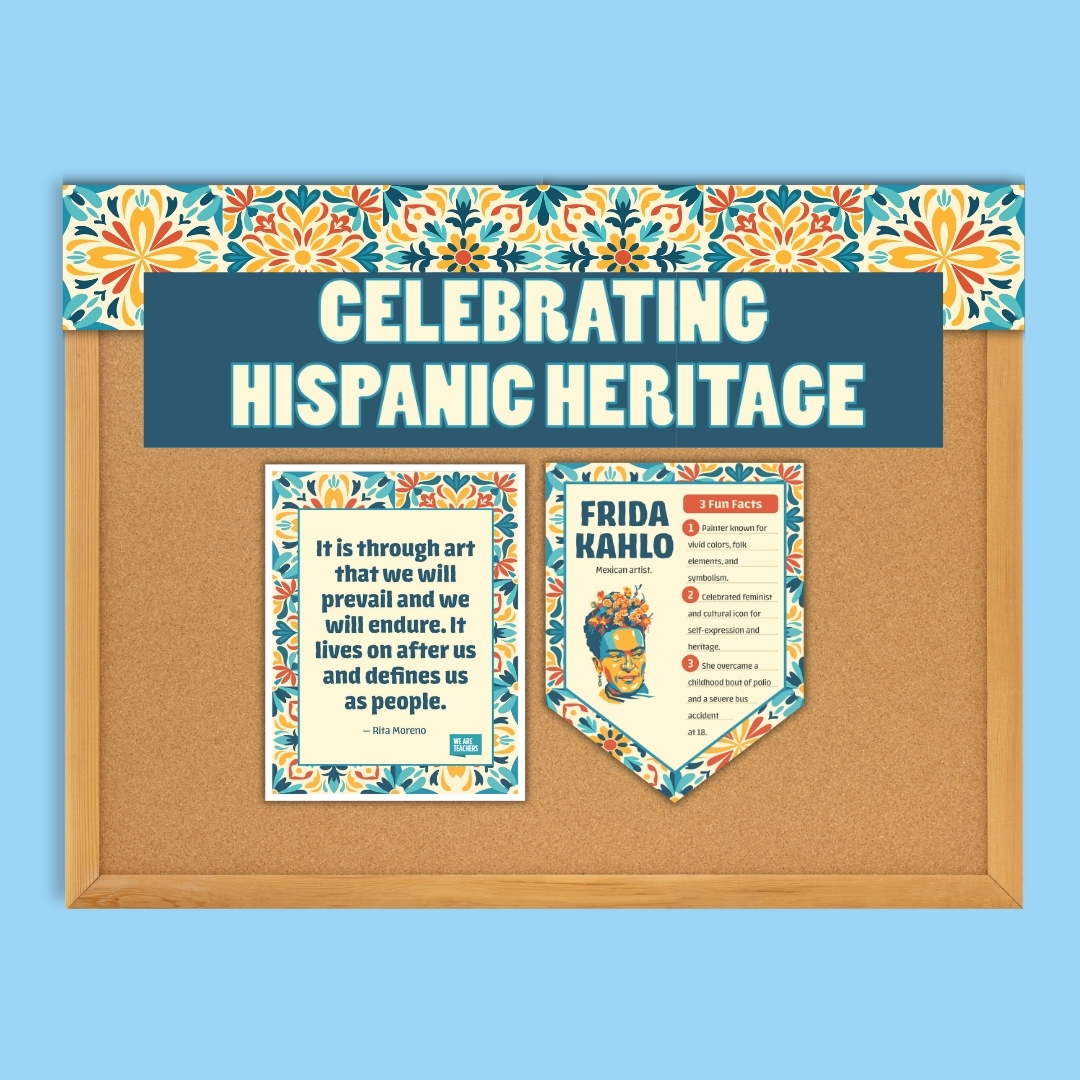 Cork board display with "Celebrating Hispanic Heritage" title banner, Rita Moreno quote poster, and Frida Kahlo fun facts card