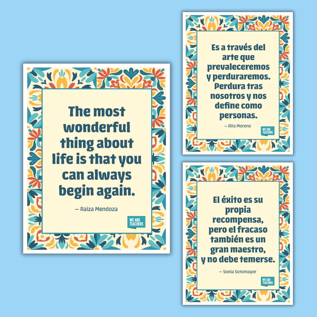 Hispanic Heritage Month bulletin board kit quote posters in English and Spanish featuring Raiza Mendoza, Rita Moreno, and Sonia Sotomayor