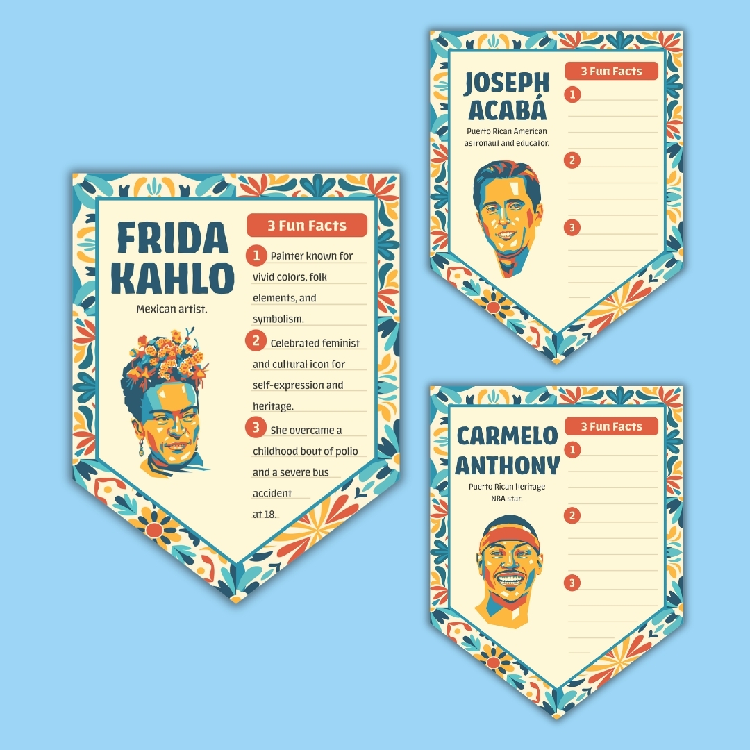 Printable profile cards with 3 Fun Facts for Frida Kahlo, Joseph Acabá, and Carmelo Anthony