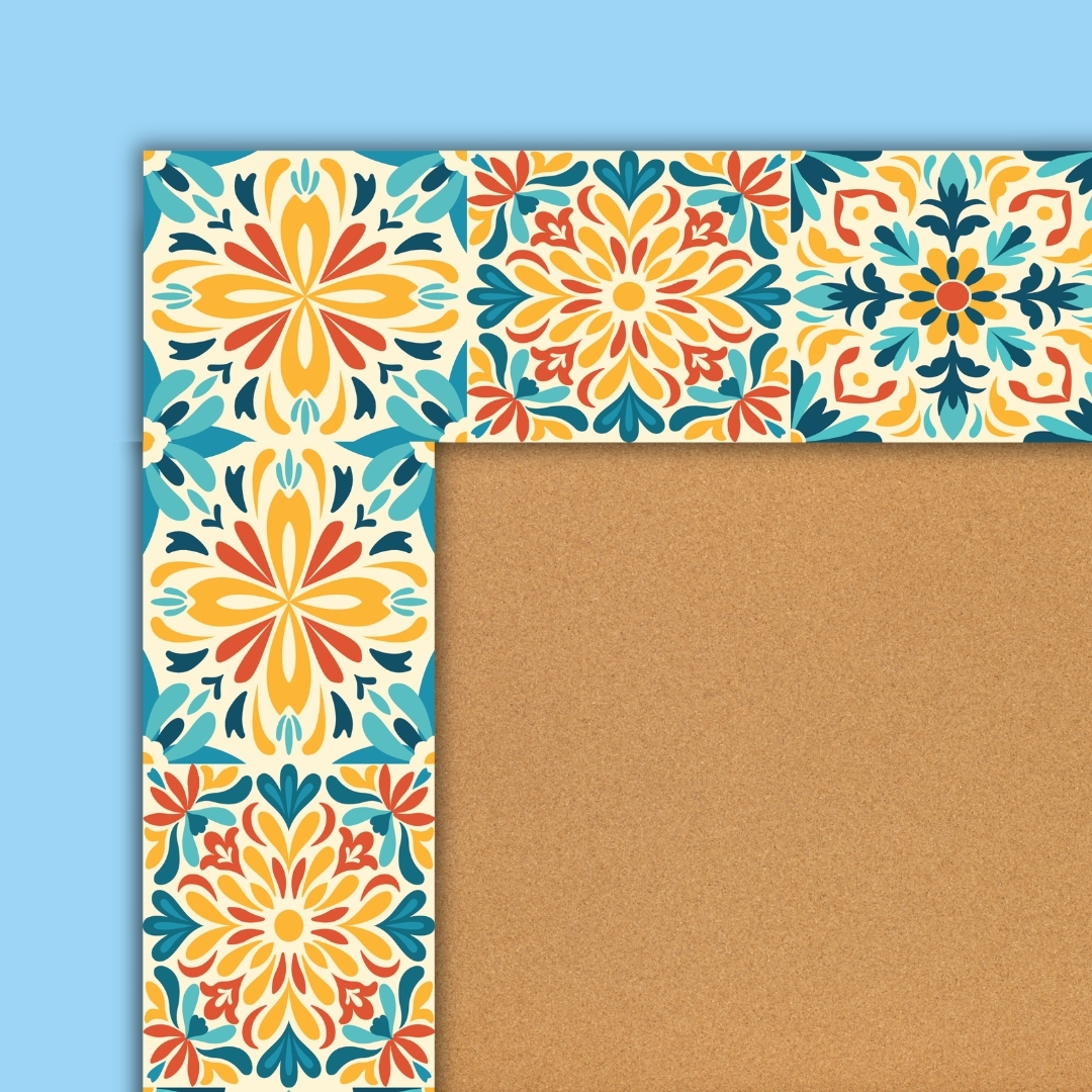 Decorative tile-pattern bulletin board border trim in teal, orange, and gold
