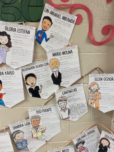 A close-up is shown of writing prompts on famous Hispanic people.