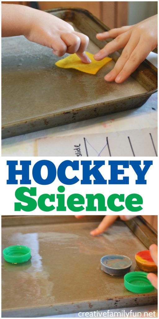 A cookie tray has frozen water on it and bottle caps are seen on it. Text reads Hockey Science. A winter science experiment. 
