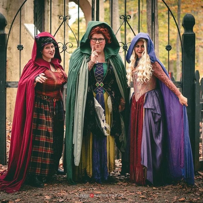 Teacher Halloween costumes based on Halloween movies like Hocus Pocus are perfect. Three women dressed as three different witches in elaborate costumes are shown. 
