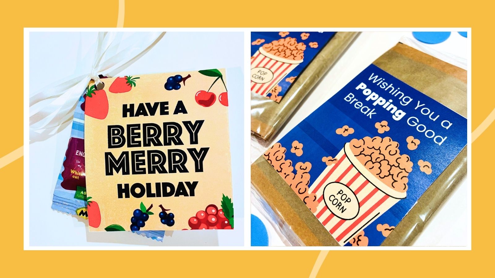 two photos of teacher gifts to students that include free holiday gift tags