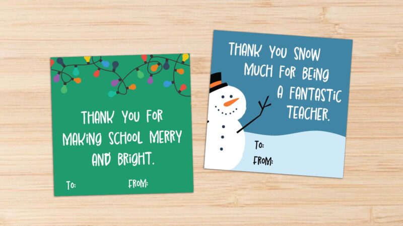 Examples of two holiday teacher thank you cards.