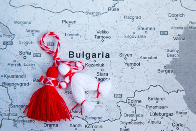 Bulgarian Martenitsa and map of Bulgaria, as an example of holidays around the world