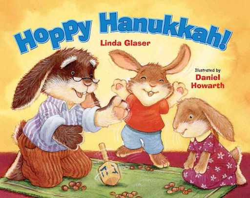 Three bunnies celebrating Hanukkah and playing dreidel- Hanukkah books- Hoppy Hanukkah book cover