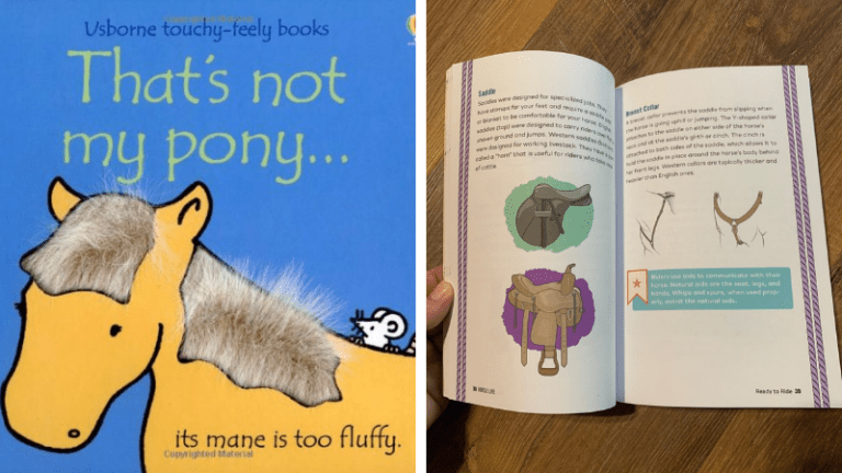Horse books for kids, including That's Not My Pony book cover with orange horse and real fur mane and the inside of a book with illustrations of saddles and text