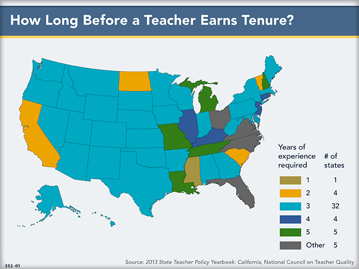 map of how long teachers have to wait until they have tenure in each state for teacher tenure 