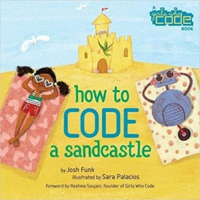 How to Code a Sandcastle book cover with a girl and a robot lying on the beach near a sandcastle. 
