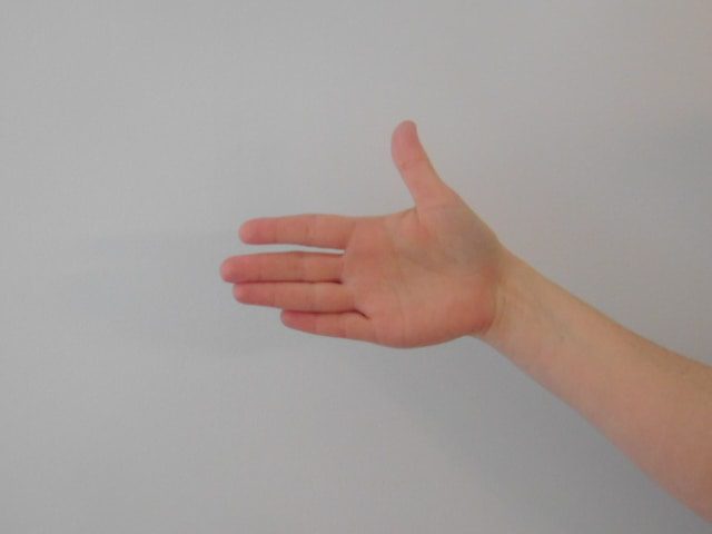 a child's hand showing the palm with the thumb pointing up