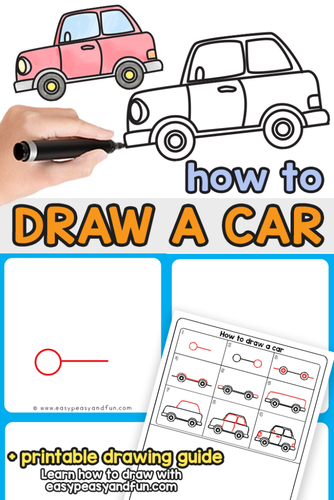 Text Reads How to Draw a Car and shows a hand drawing the outline of a car next to a finished, colored drawing of one.