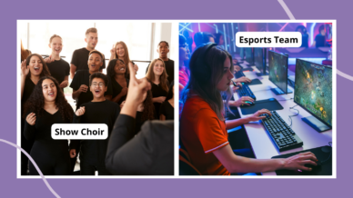 Examples of high school extracurricular activities including students singing in show choir and students on esports team