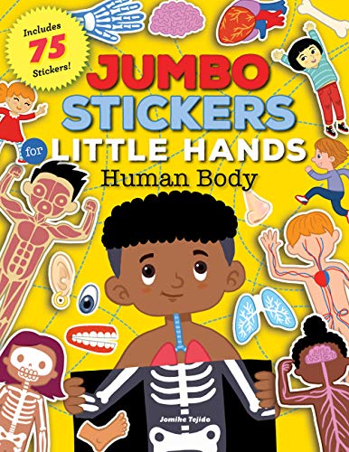 A yellow book has a cartoon little boy on it and stickers that look like parts of the body.