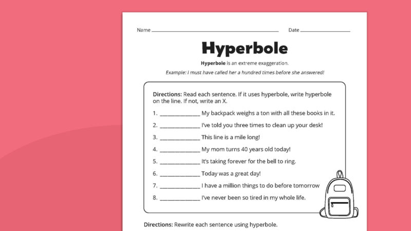 Flat lay of hyperbole worksheet