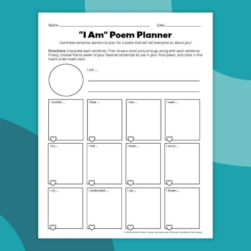 I Am Poem Template brainstorming worksheet against a teal background