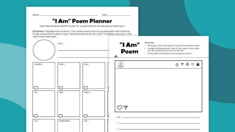 Flat lay of two I Am Poem template worksheets against a teal background